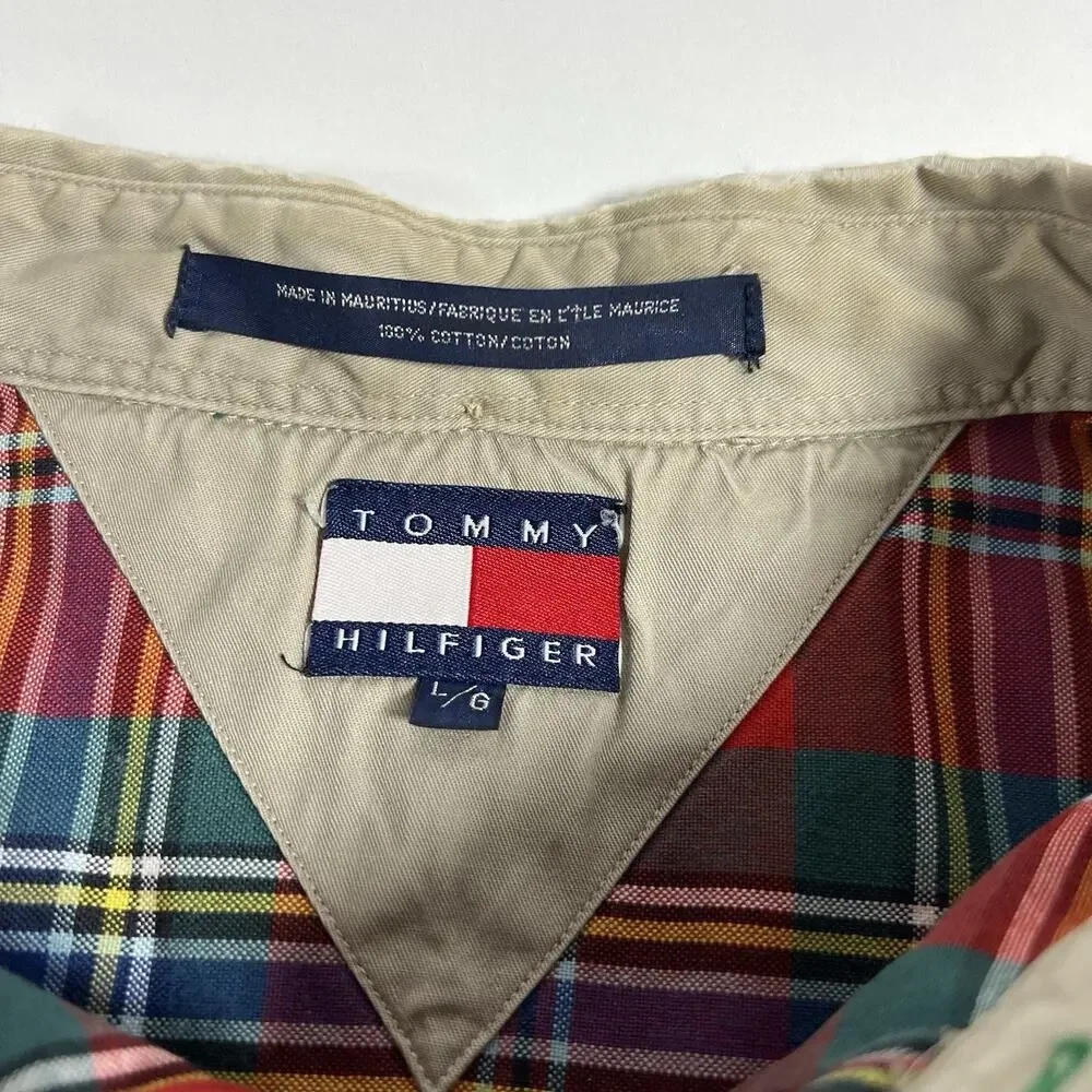 VTG‎ Tommy Hilfiger Men's Red Plaid Woven Cotton Button-Up Shirt LS Pockets L/G